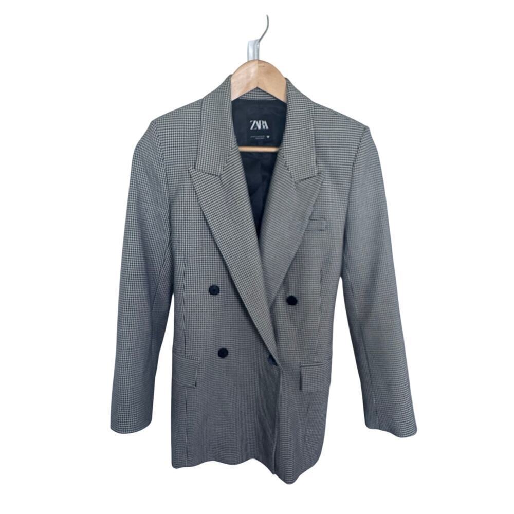 New ZARA Oversized Gray / Black Houndstooth‎ Check Double Breasted Blazer Sz XS